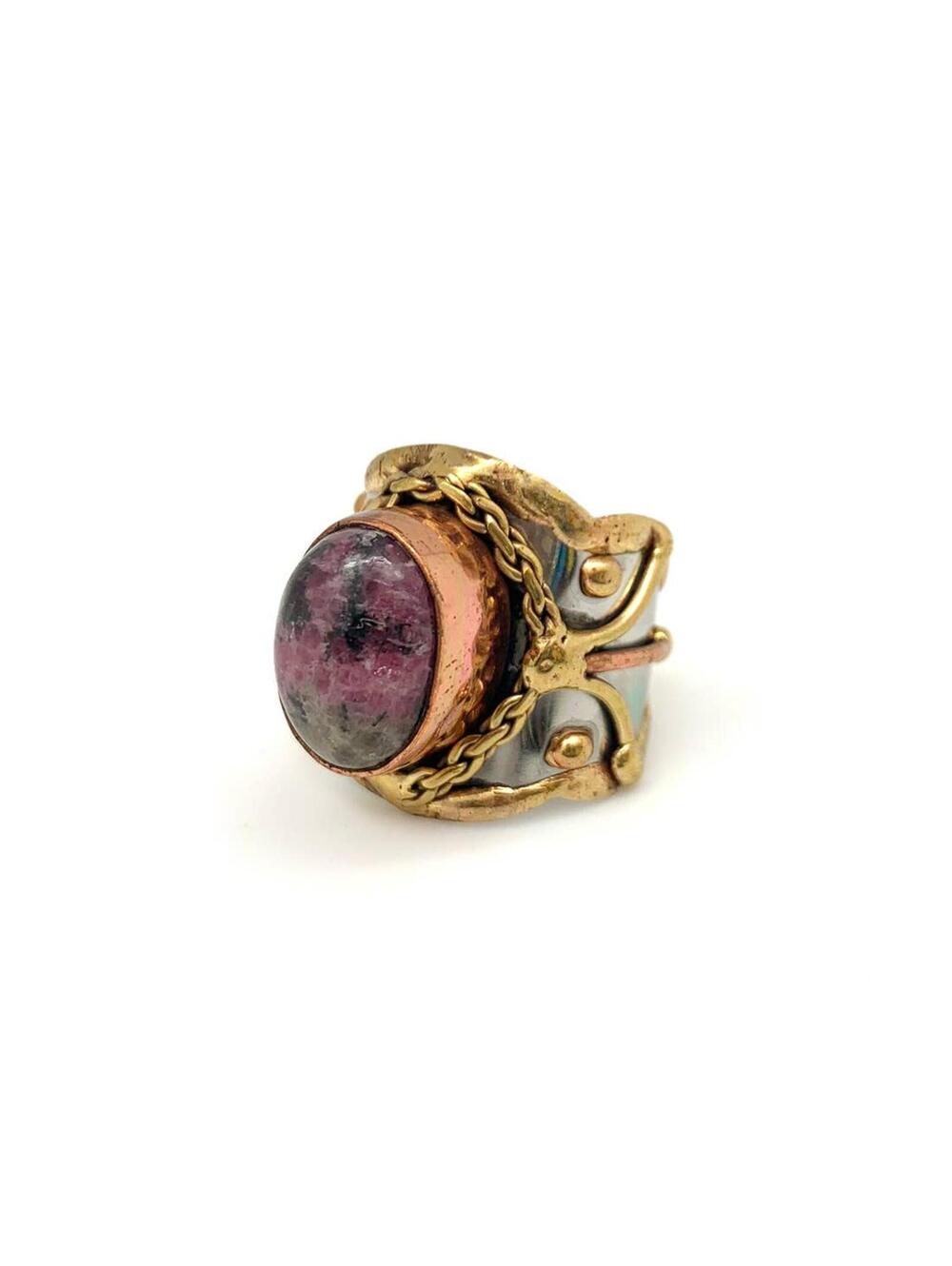 Mixed Metal and Rhodonite Stone Ring Adjustable
